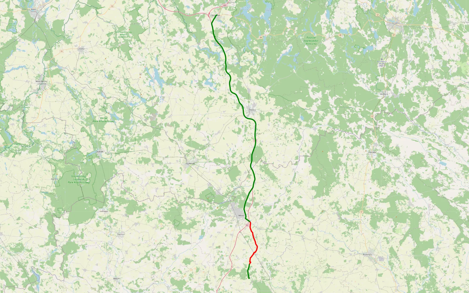 Mapa trasy Sułkowo Borowe - Olsztynek - 17.5 km trasy offroad, Powiat Mławski