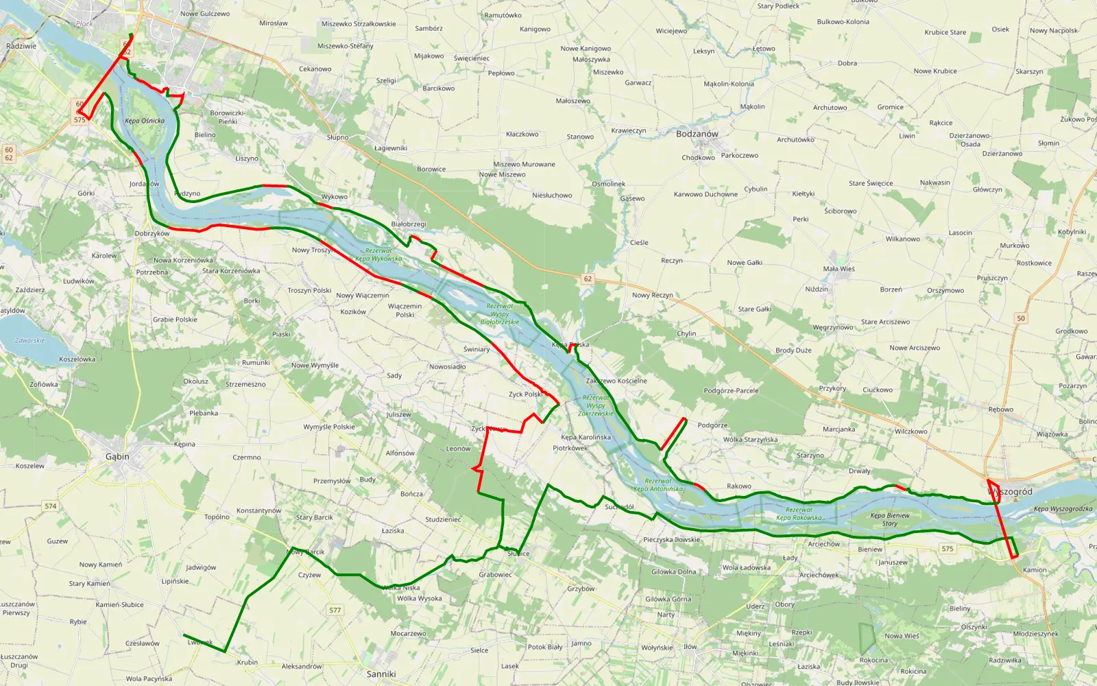 Mapa trasy Wyszogród płock - 99.1 km trasy offroad, Powiat Płocki