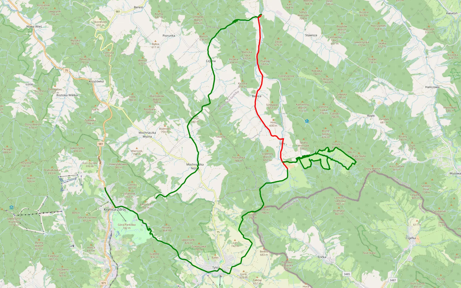 Map of Krynica-Zdrój - Słotwiny - 32.8 km offroad trail, Gorlice County
