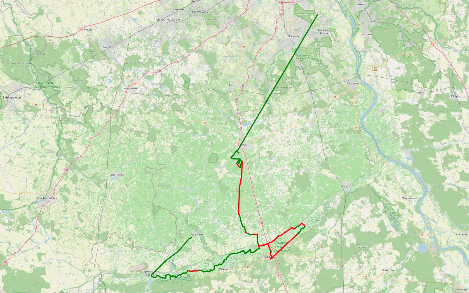 Mapa trasy Pilica, w Klubie Smoków Kabackich - 91.9 km trasy offroad, Powiat Grójecki