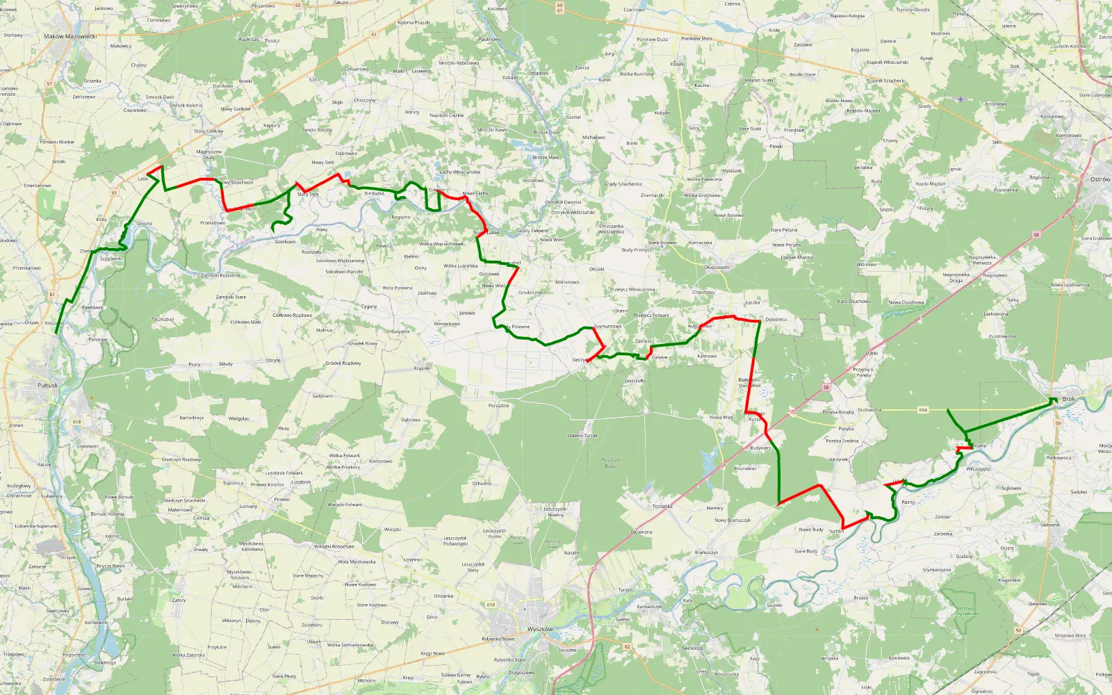 Mapa trasy LCAC, MAZOWSZE O2W, trasa nr5, Brok-Pułtusk - 97.2 km trasy offroad, Powiat Wyszkowski