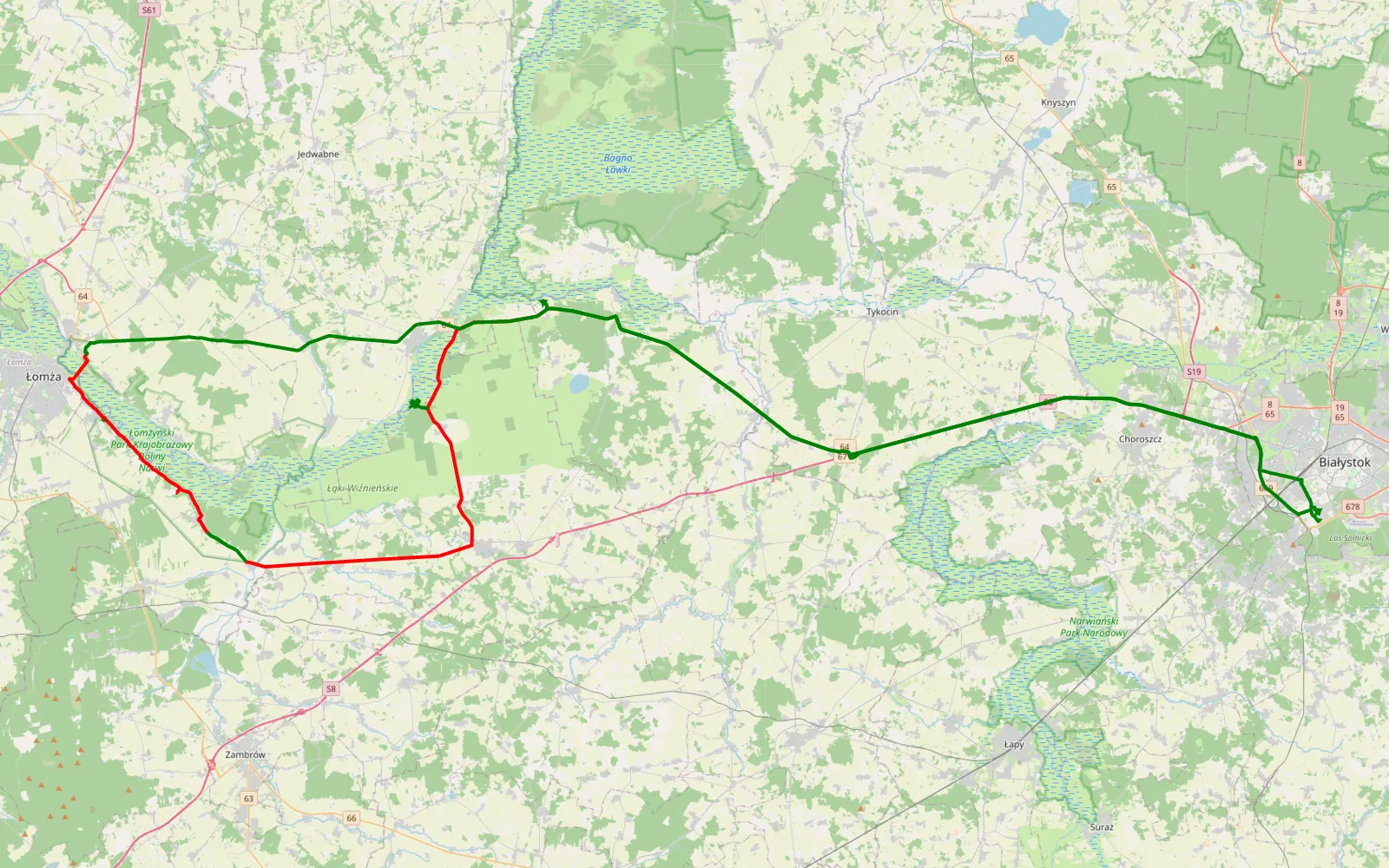 Mapa trasy Białystok - Strękowa Góra - Wydmy - Rybno - Forty pod Łomżą - Białystok - 55.4 km trasy offroad, Powiat Łomżyński