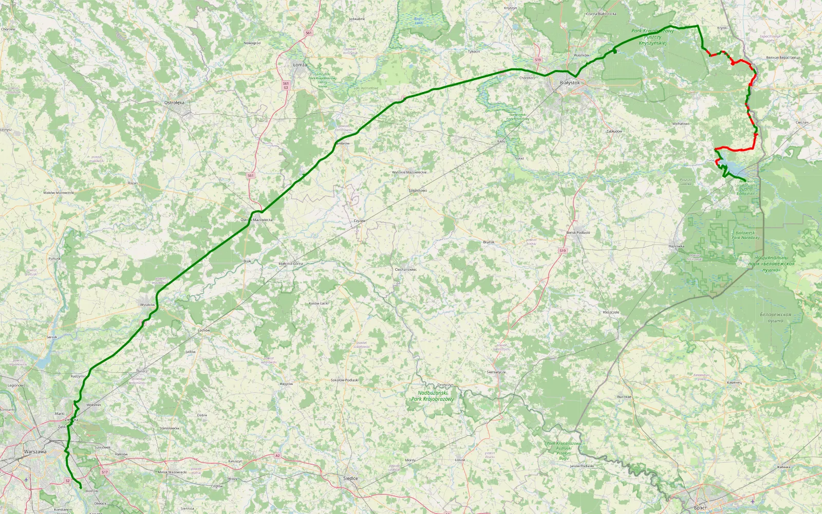 Map of Babia Góra - Jozefow - 66.4 km offroad trail, Białystok County