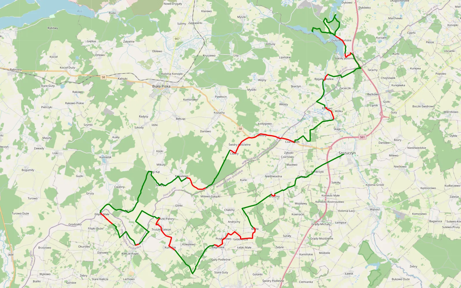 Mapa trasy Szczuczyn - Guty Rożyńskie - 79.9 km trasy offroad, Powiat Piski