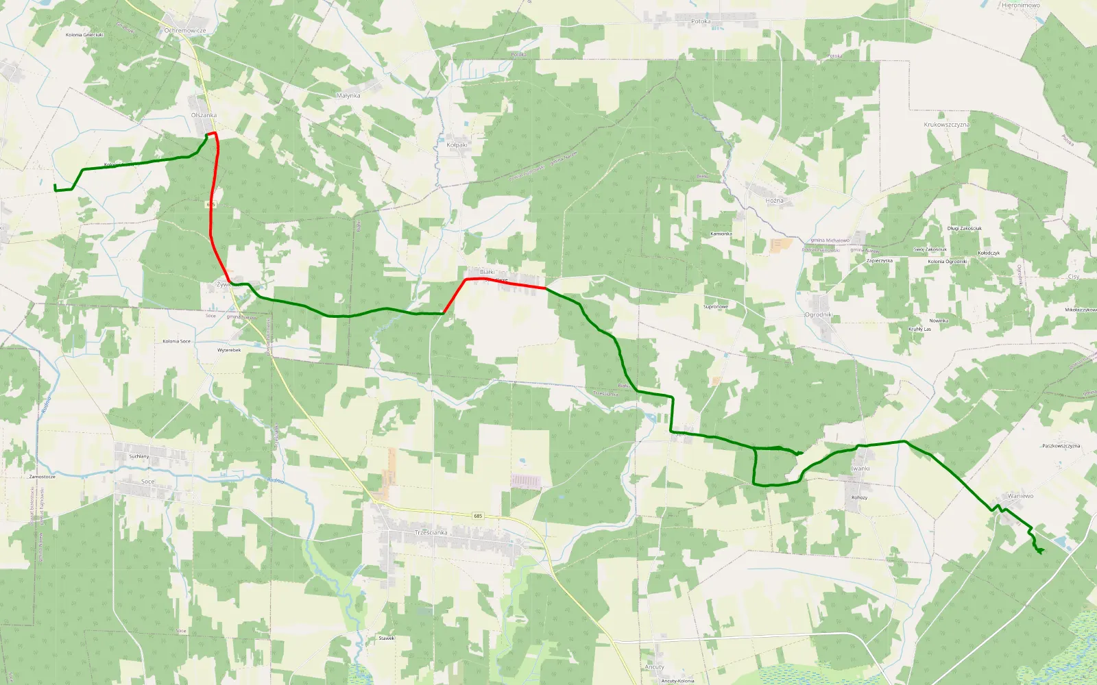 Map of Waniewo żwirownia - 17.7 km offroad trail, Hajnówka County
