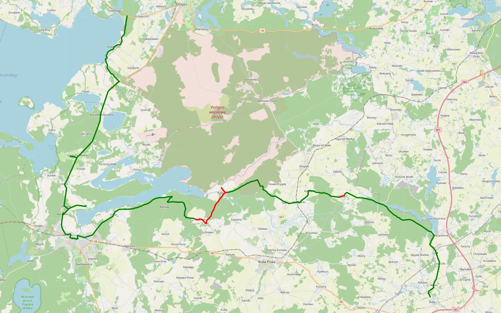 Mapa trasy Skaje - Okartowo - 32.6 km trasy offroad, Powiat Piski