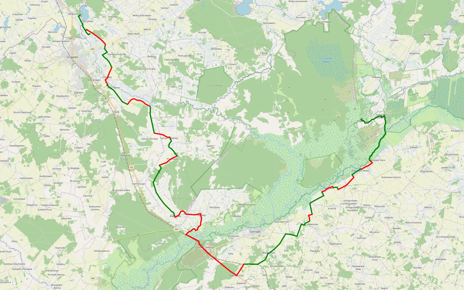 Mapa trasy Toczyłowo - Dolistowo Stare - 83.1 km trasy offroad, Powiat Moniecki