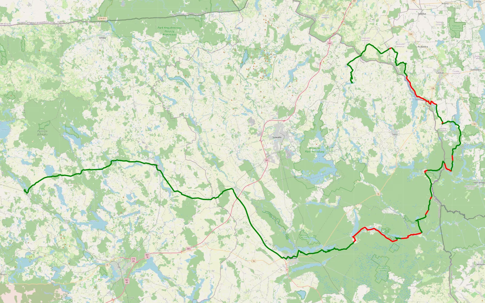 Mapa trasy Augustów - Wydminy sierpień 2020 - 105.5 km trasy offroad, Lazdijų rajono savivaldybė