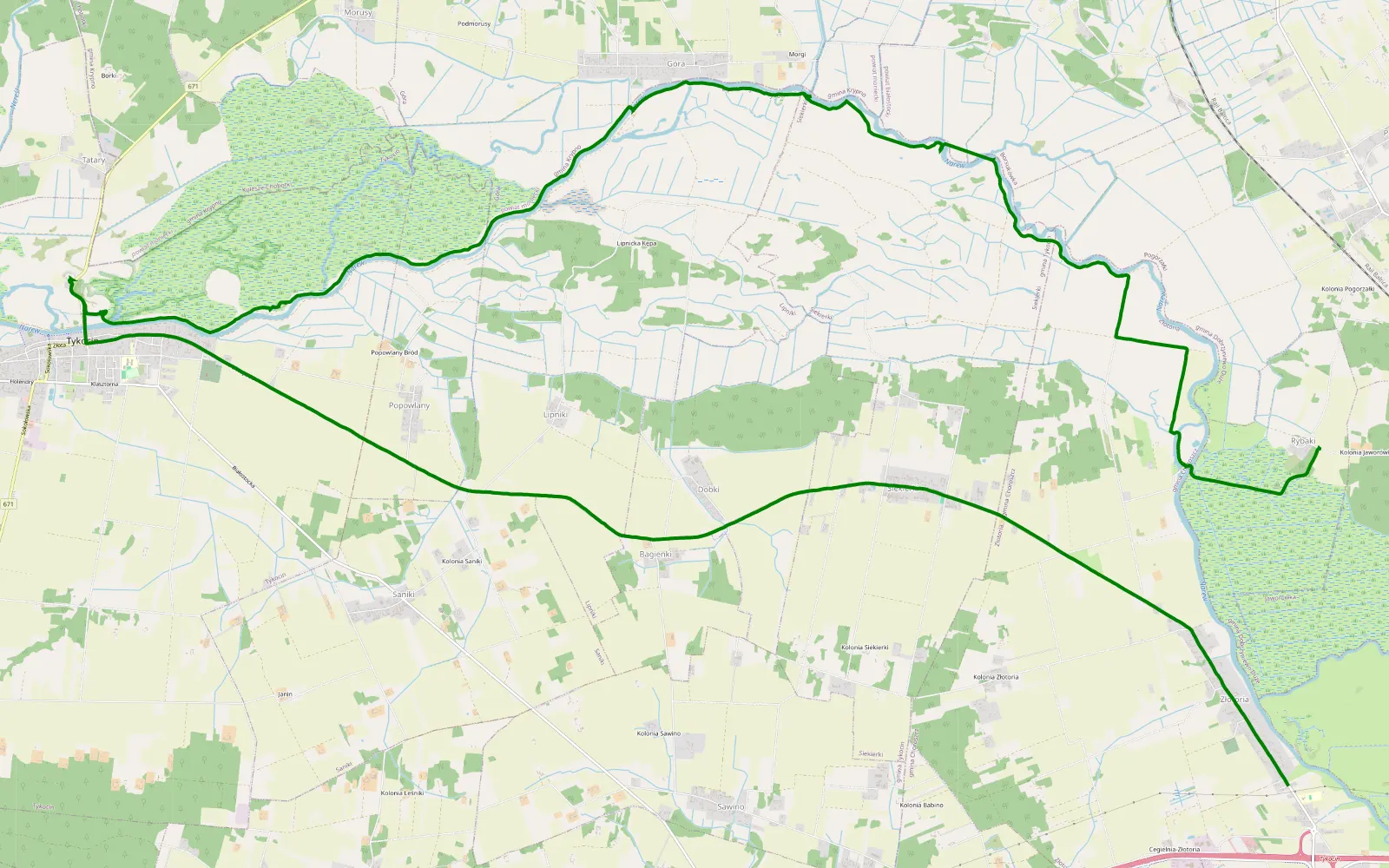 Mapa trasy Rybaki - Złotoria - 16.5 km trasy offroad, Powiat Białostocki