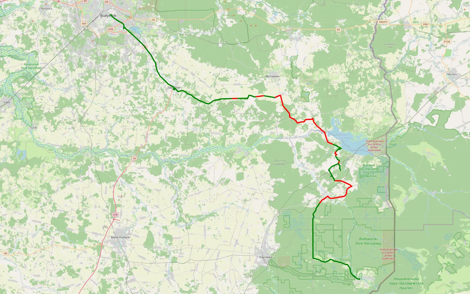 Map of Białystok - Białowieża - 63.1 km offroad trail, Hajnówka County