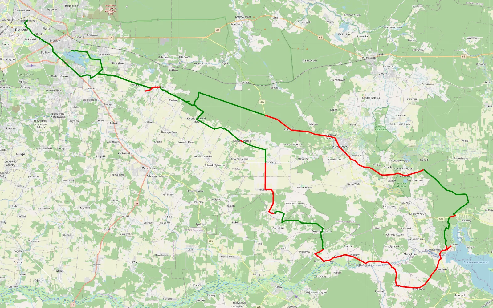 Map of Zagórki - 105.1 km offroad trail, Białystok County