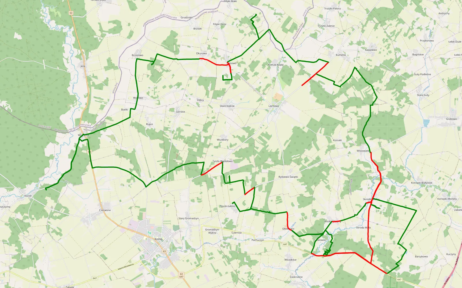 Mapa trasy Kozioł - 85.9 km trasy offroad, Powiat Kolneński