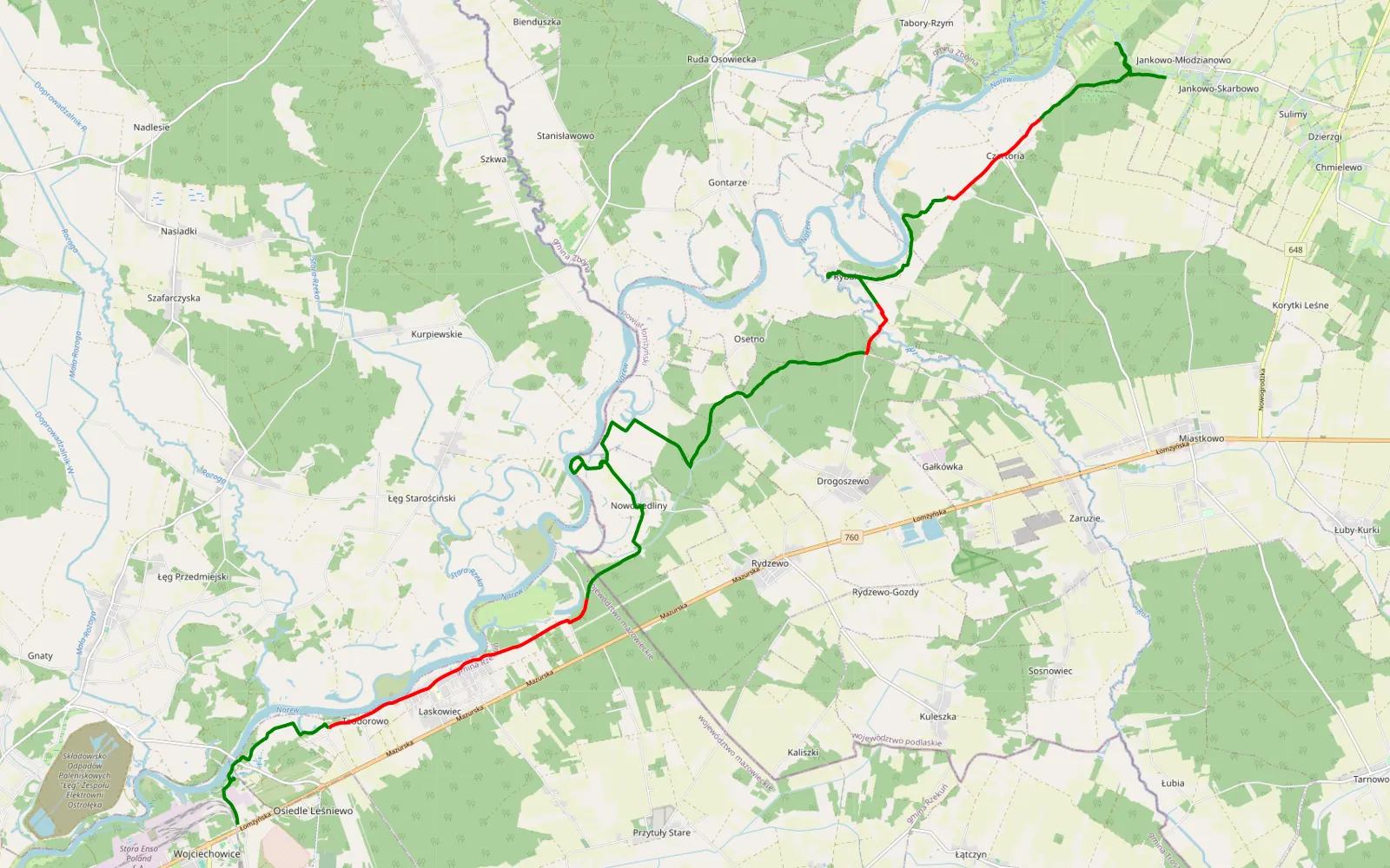 Mapa trasy Jankowo - Wojciechowice - 25.7 km trasy offroad, Powiat Łomżyński