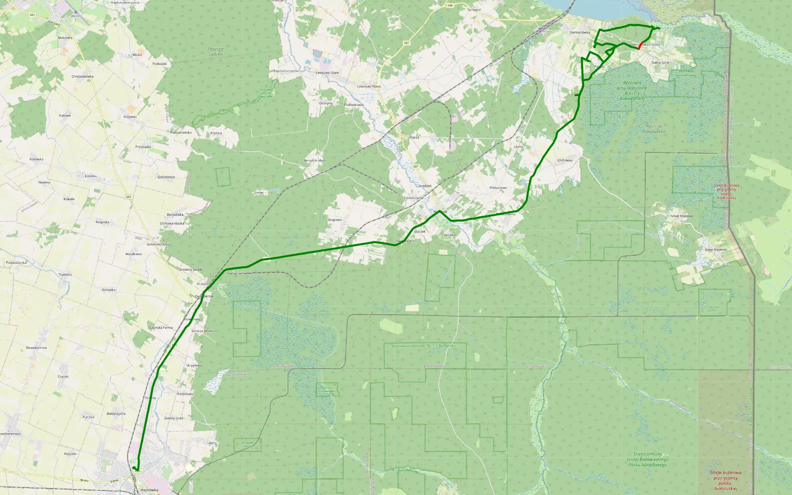 Map of Pasieki - Hajnówka - 9.6 km offroad trail, Hajnówka County