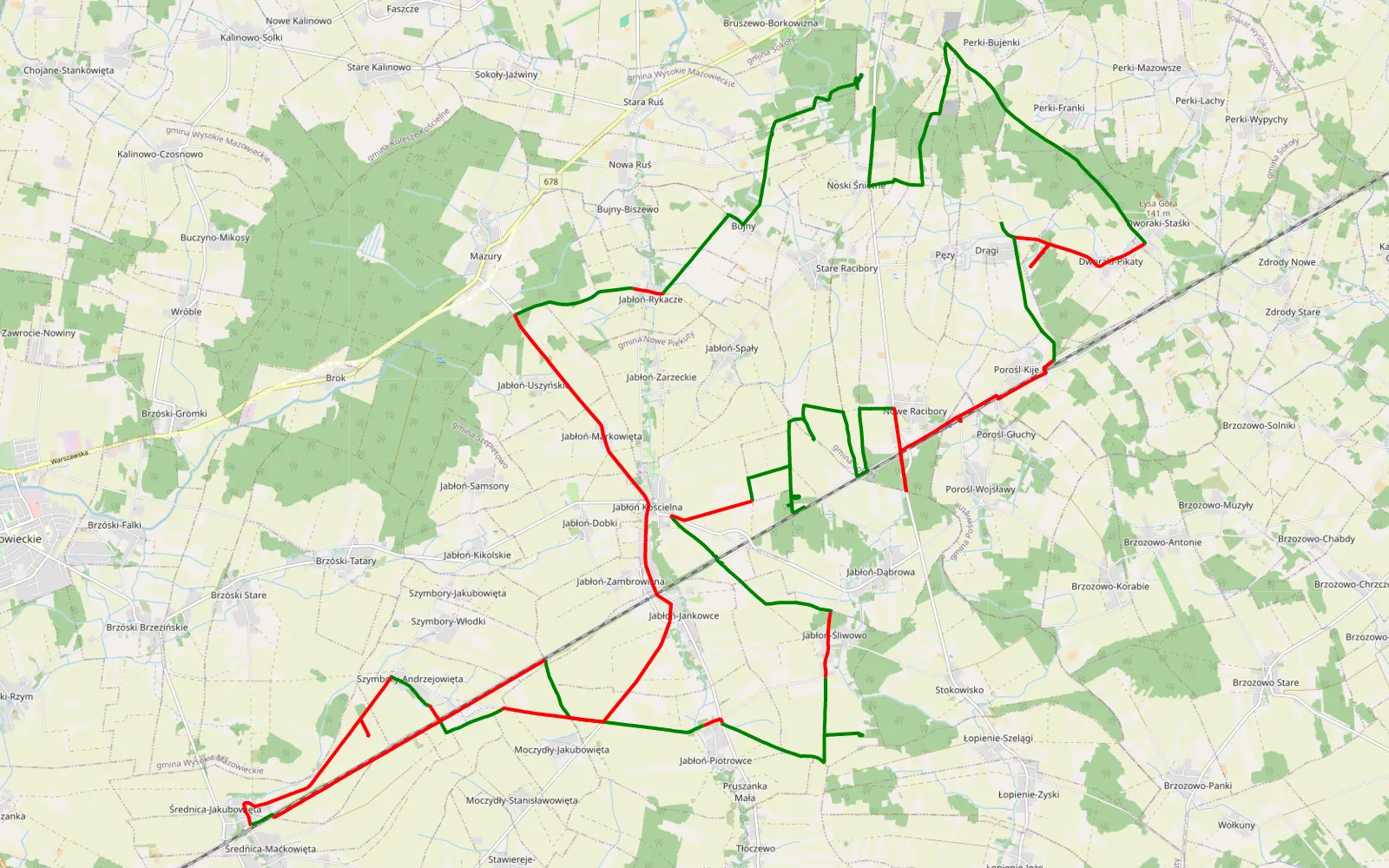 Map of Noski-Snietne - 61.8 km offroad trail, Wysokie Mazowieckie County