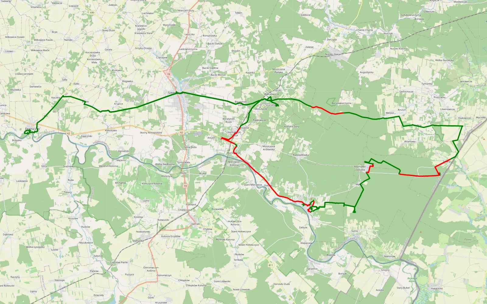 Mapa trasy Bujaki - Drohiczyn - 72 km trasy offroad, Powiat Siemiatycki