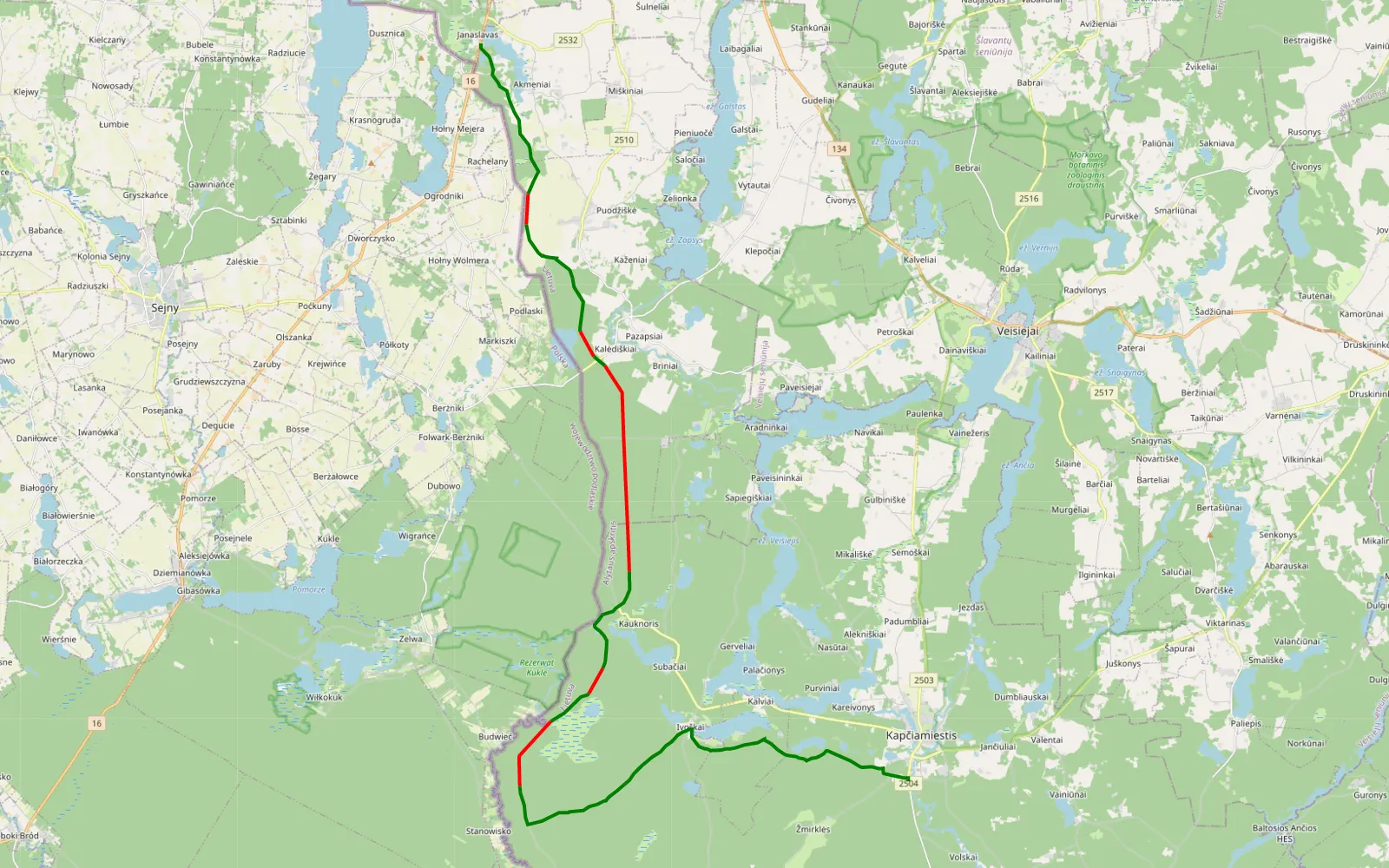 Map of Gawrych Ruda - Trakiškiai — 35.9 km offroad trail, Lazdijai District Municipality