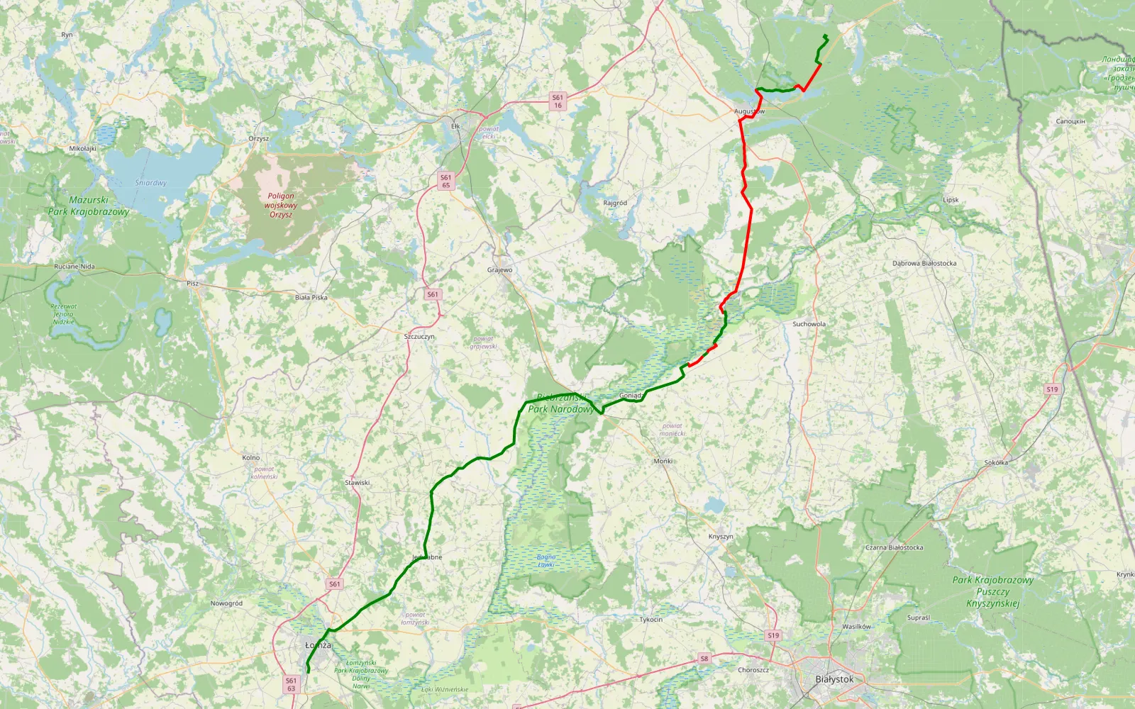 Mapa trasy Las Podsierski - Konarzyce styczeń 2023 - 66 km trasy offroad, Powiat Augustowski