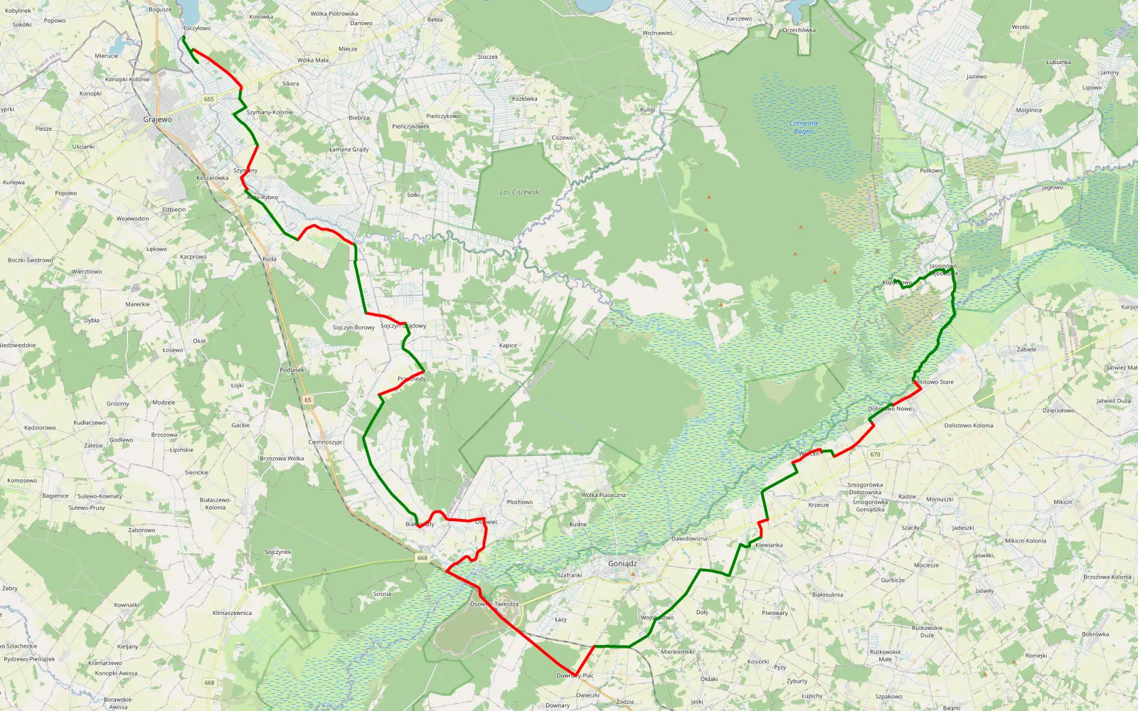 Mapa trasy Toczyłowo - Kopytkowo - 72.6 km trasy offroad, Powiat Moniecki