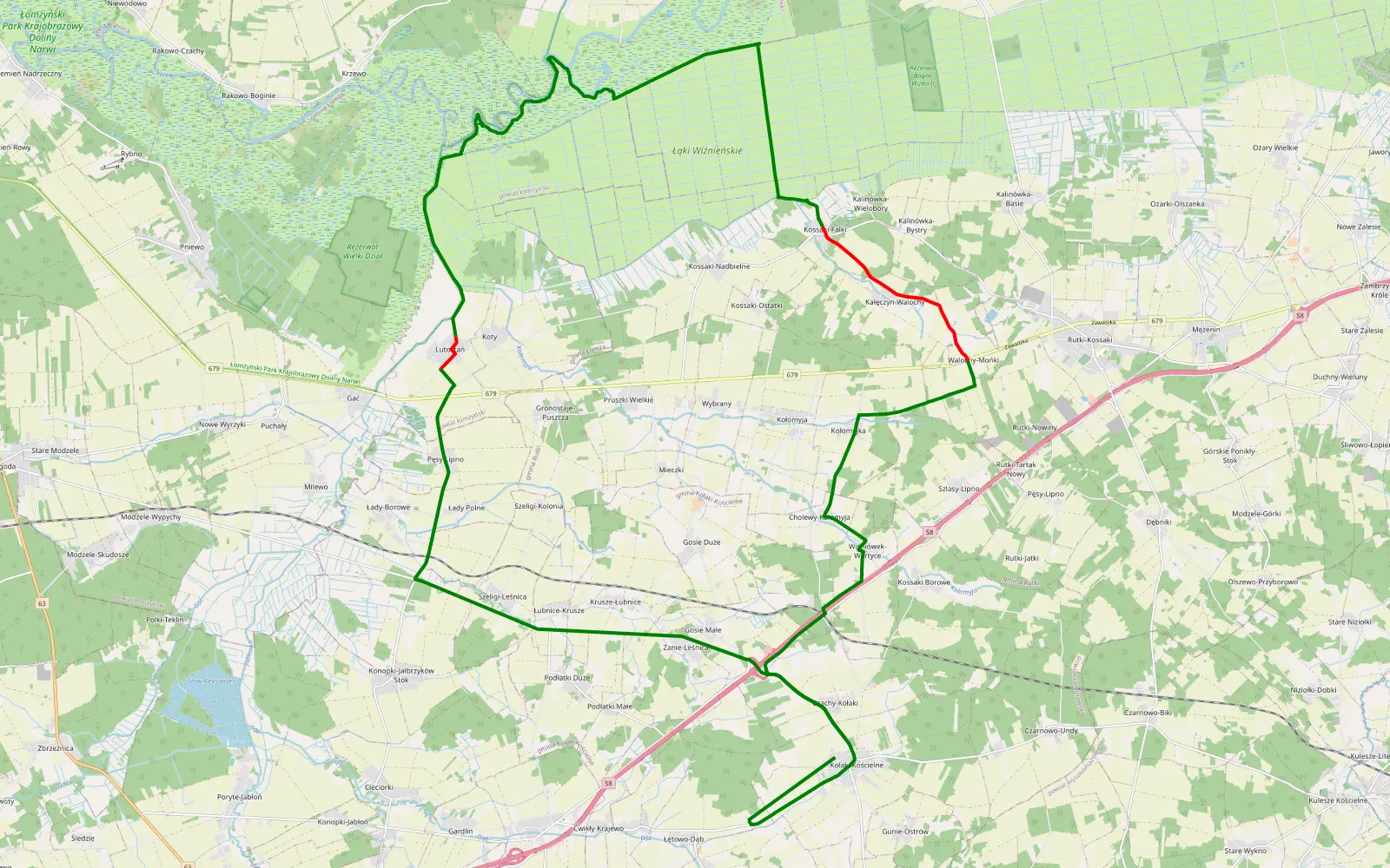 Mapa trasy Wycieczka nad Narew - 23.3 km trasy offroad, Powiat Łomżyński