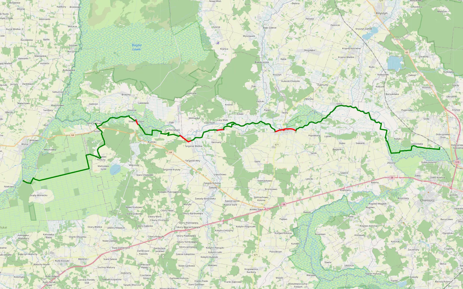Mapa trasy Dobrzyniewo Duże - Grądy - 60.7 km trasy offroad, Powiat Białostocki