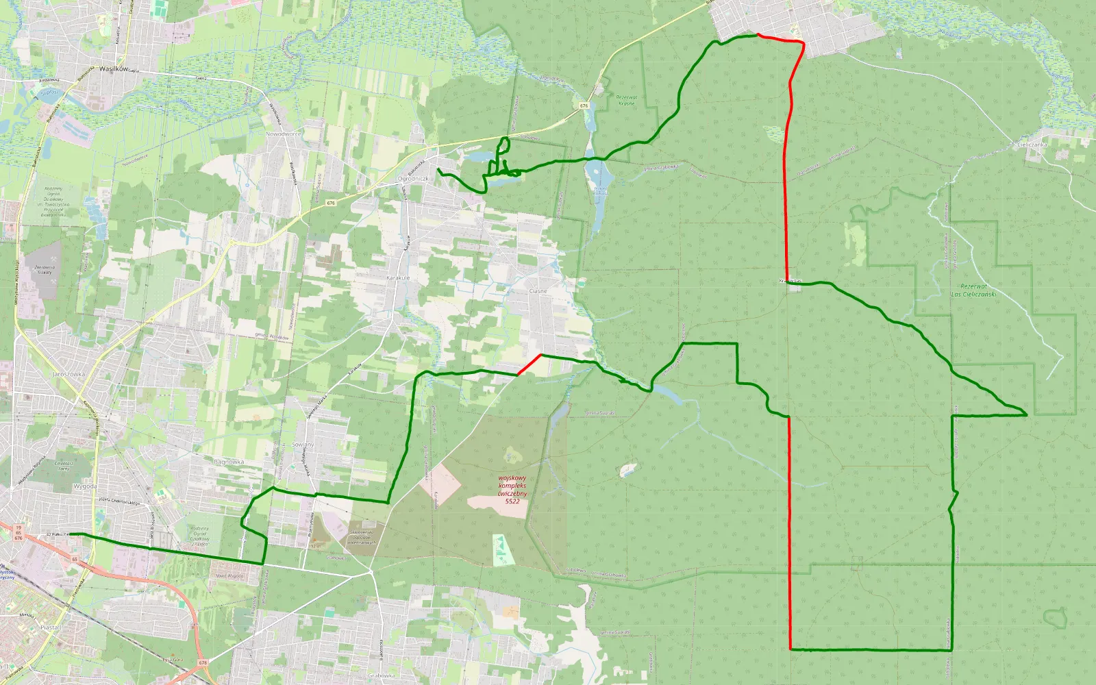 Mapa trasy Wygoda - Ogrodniczki - 35.4 km trasy offroad, Powiat Białostocki