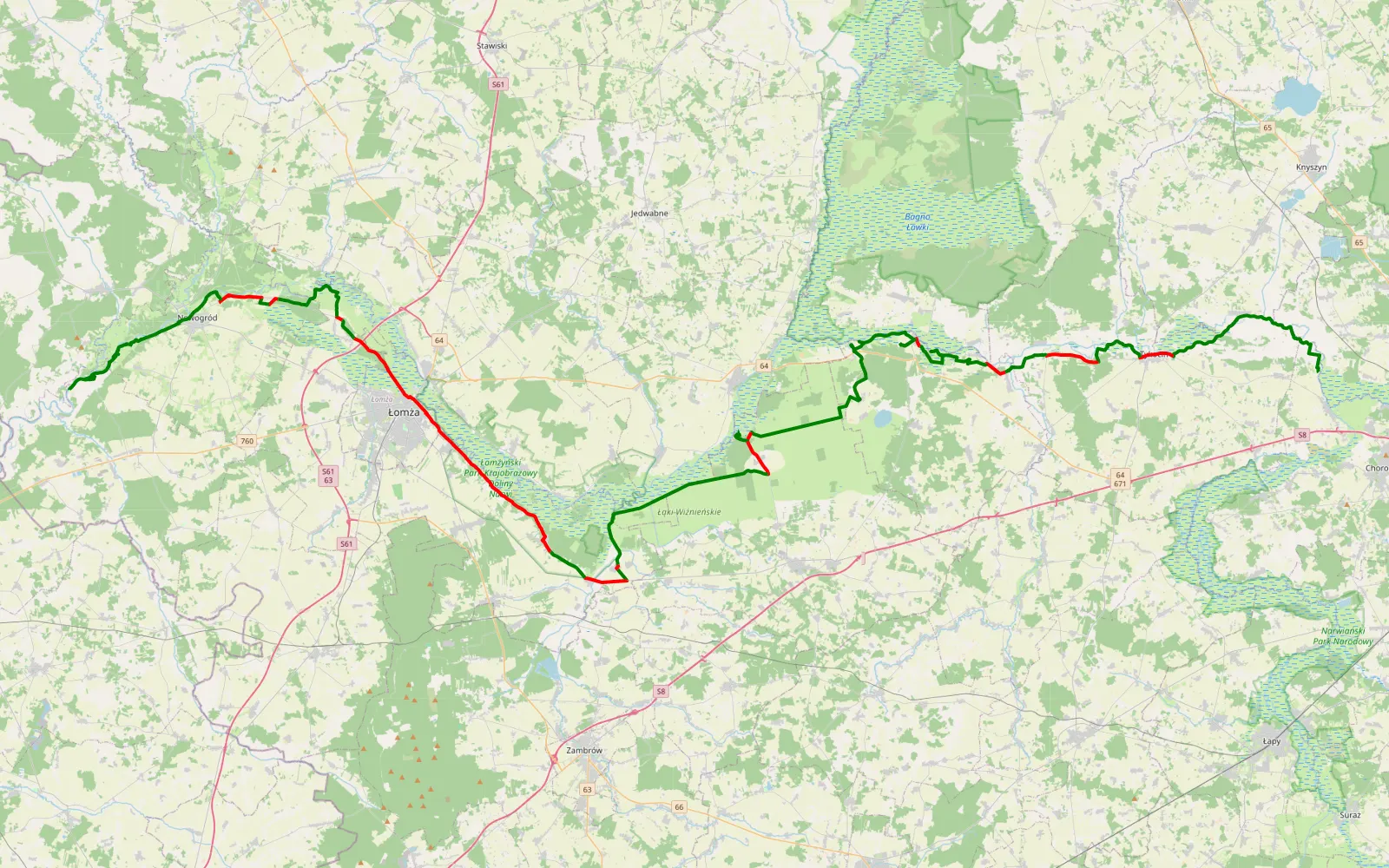 Map of Day1 - 129.4 km offroad trail, Łomża County