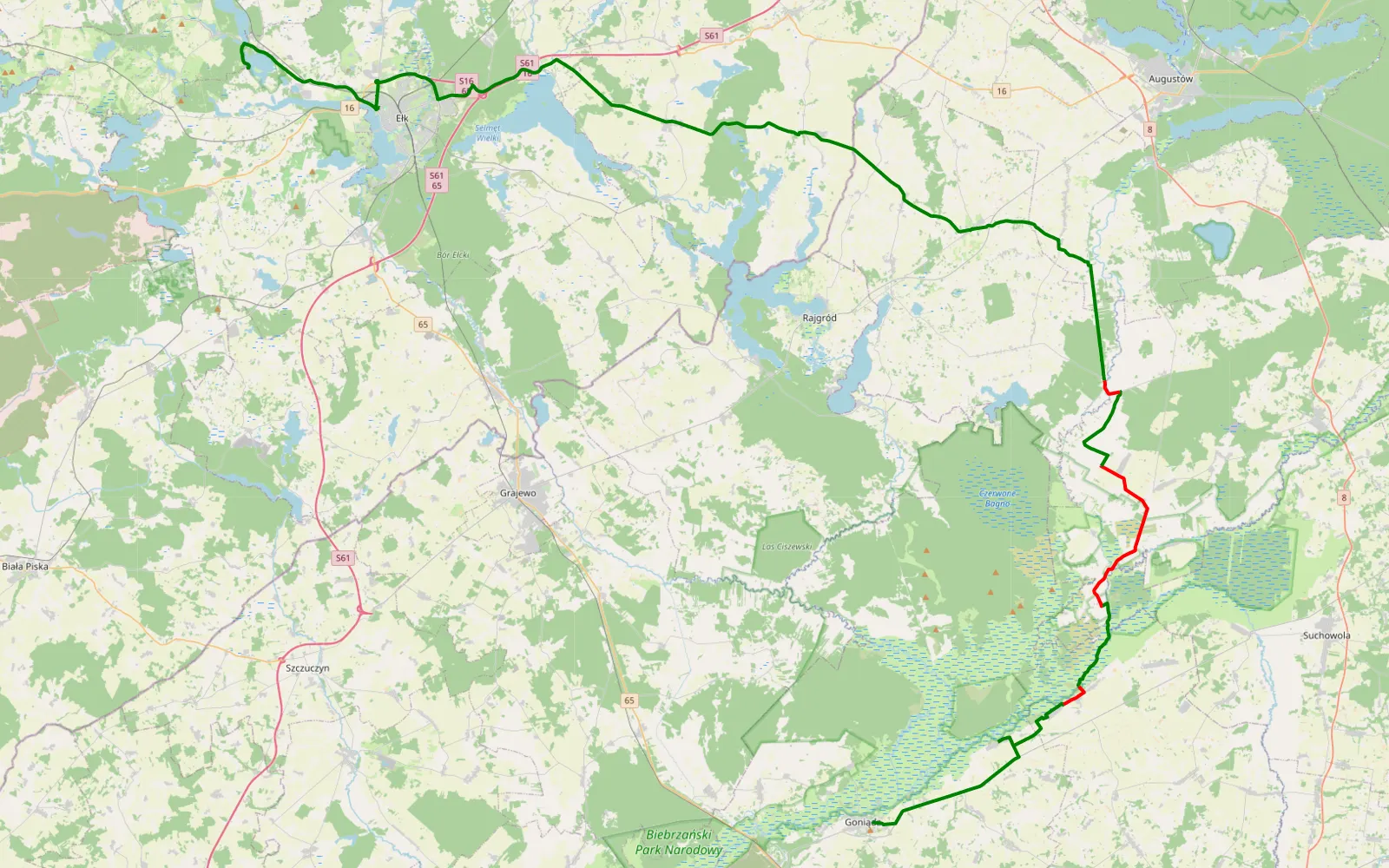 Mapa trasy Goniadz - Małkinie - 33.1 km trasy offroad, Powiat Augustowski