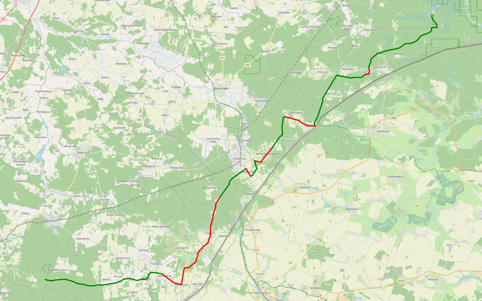 Map of Ściana wschod - 57.1 km offroad trail, Hajnówka County