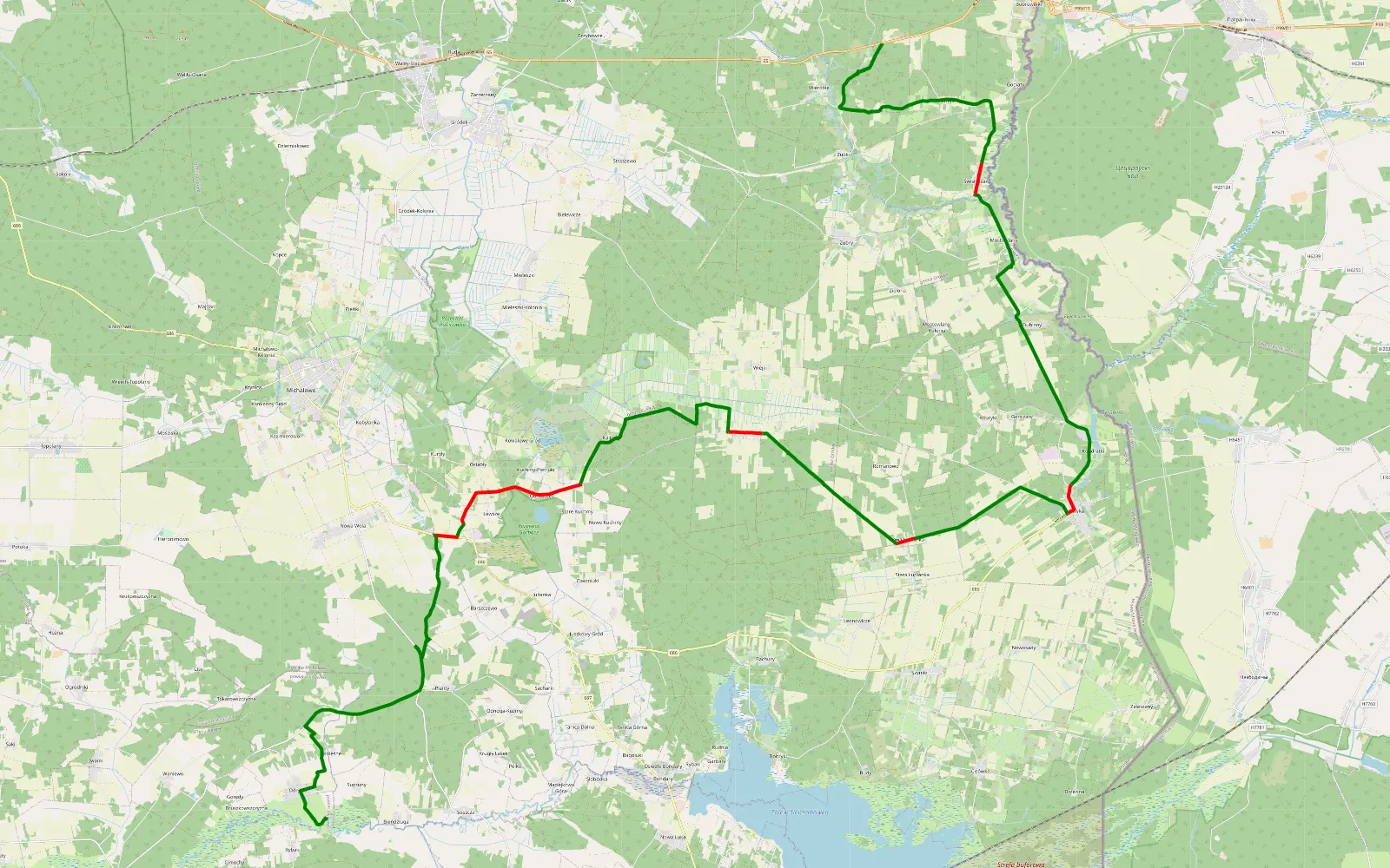 Mapa trasy Odrynki - Werobie - 43.7 km trasy offroad, Powiat Białostocki