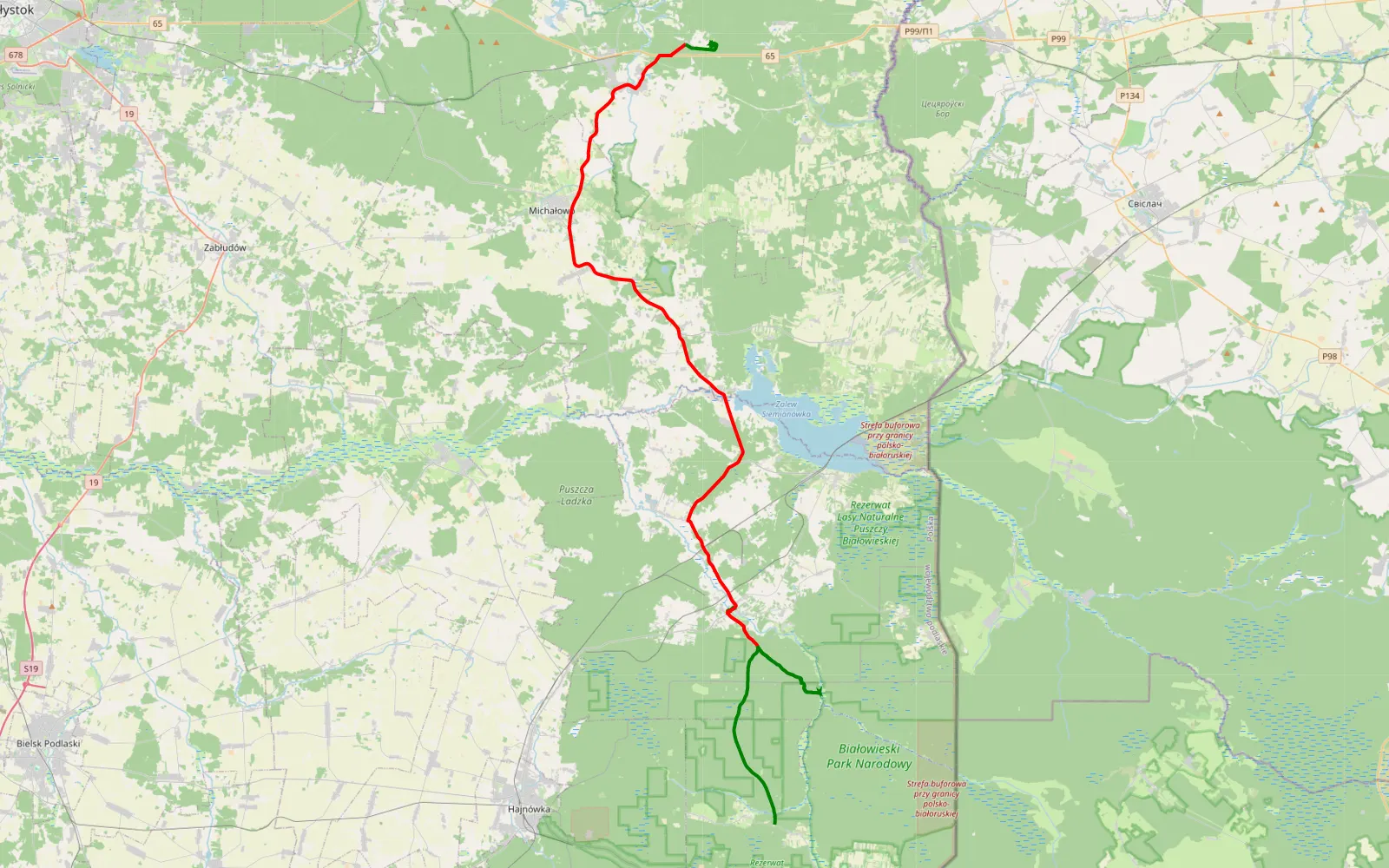 Map of Pogorzelce - Grzybowce - 57.8 km offroad trail, Hajnówka County
