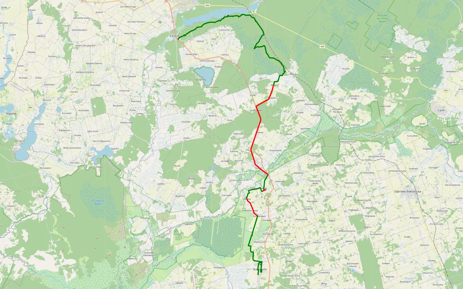 Map of Suchowola - Białobrzegi - 46.2 km offroad trail, Augustów County