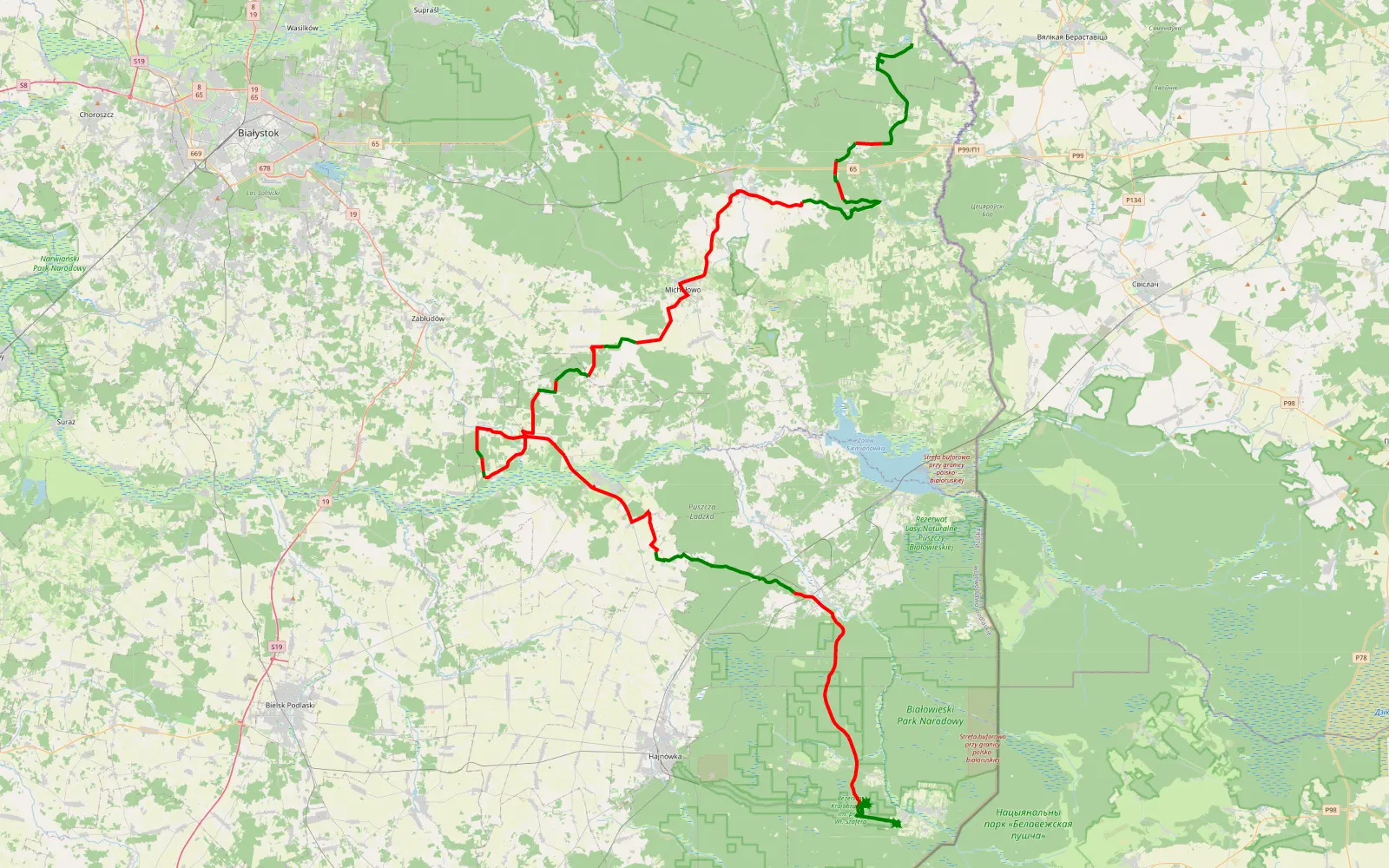 Map of Bialowierxa - 115.5 km offroad trail, Hajnówka County