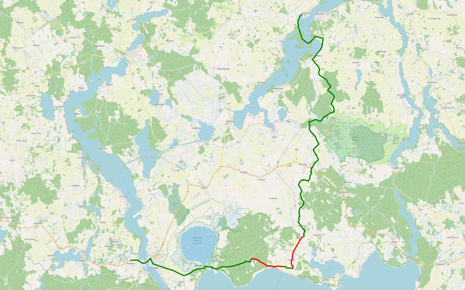 Mapa trasy Prawdowo - Bogaczewo - 30.3 km trasy offroad, Powiat Piski