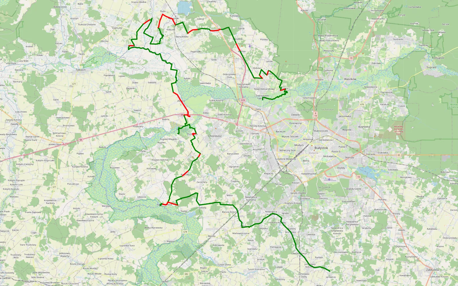 Mapa trasy Okolice narwi - 78.1 km trasy offroad, Powiat Białostocki