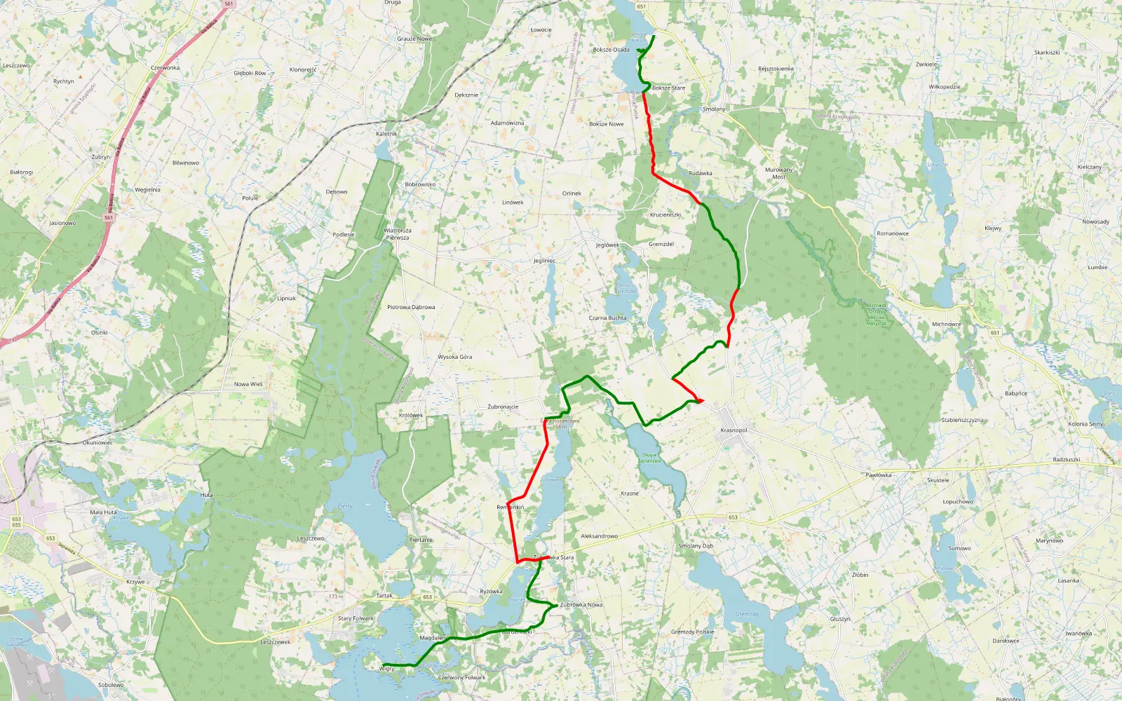 Mapa trasy Boksze Nowe - Wigry - 23.8 km trasy offroad, Powiat Sejneński