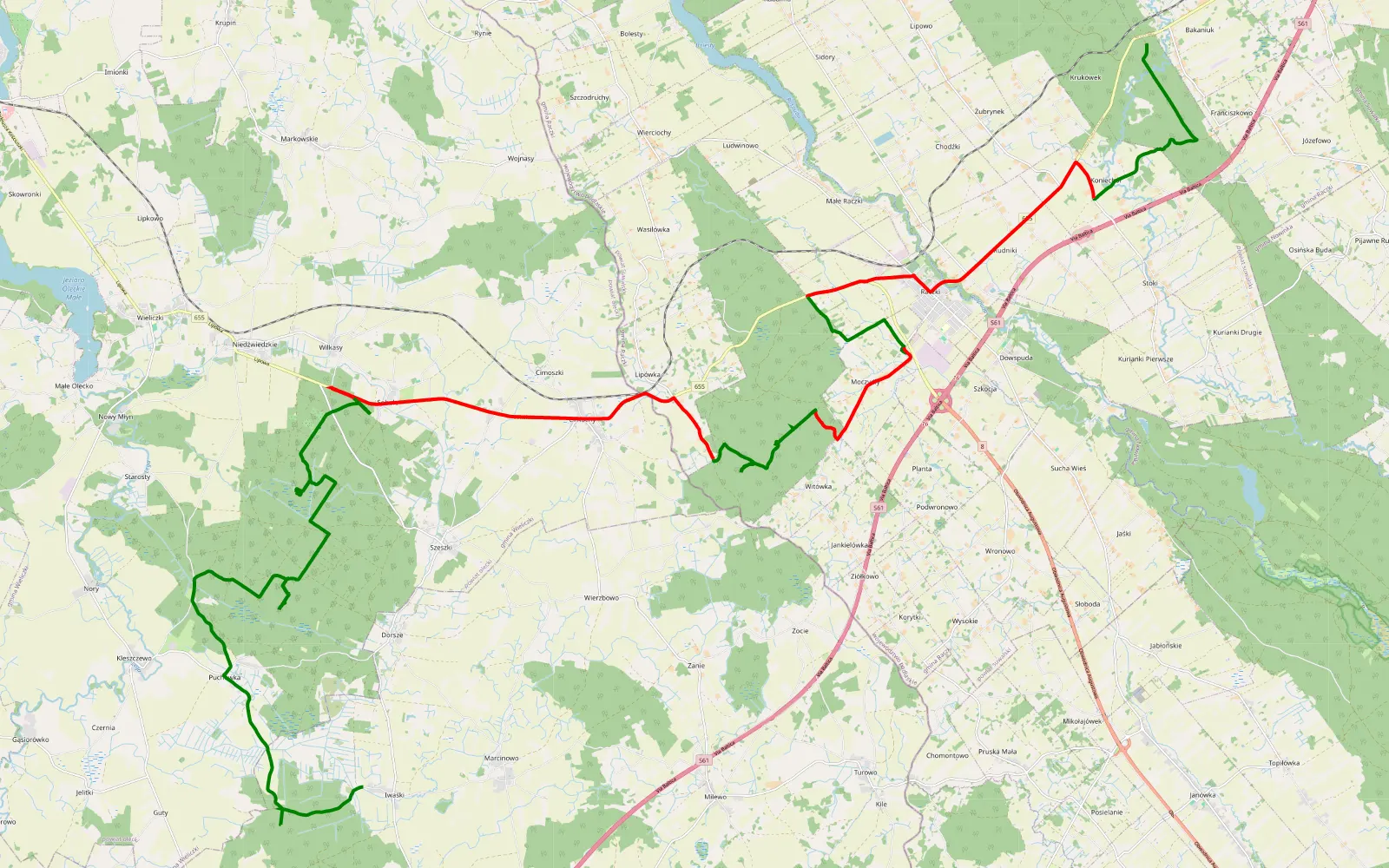 Map of Bakaniuk - Iwaśki - 48.1 km offroad trail, Olecko County
