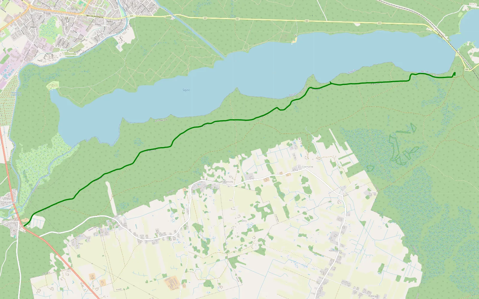 Mapa trasy Jezioro sajno - 8.8 km trasy offroad, Powiat Augustowski