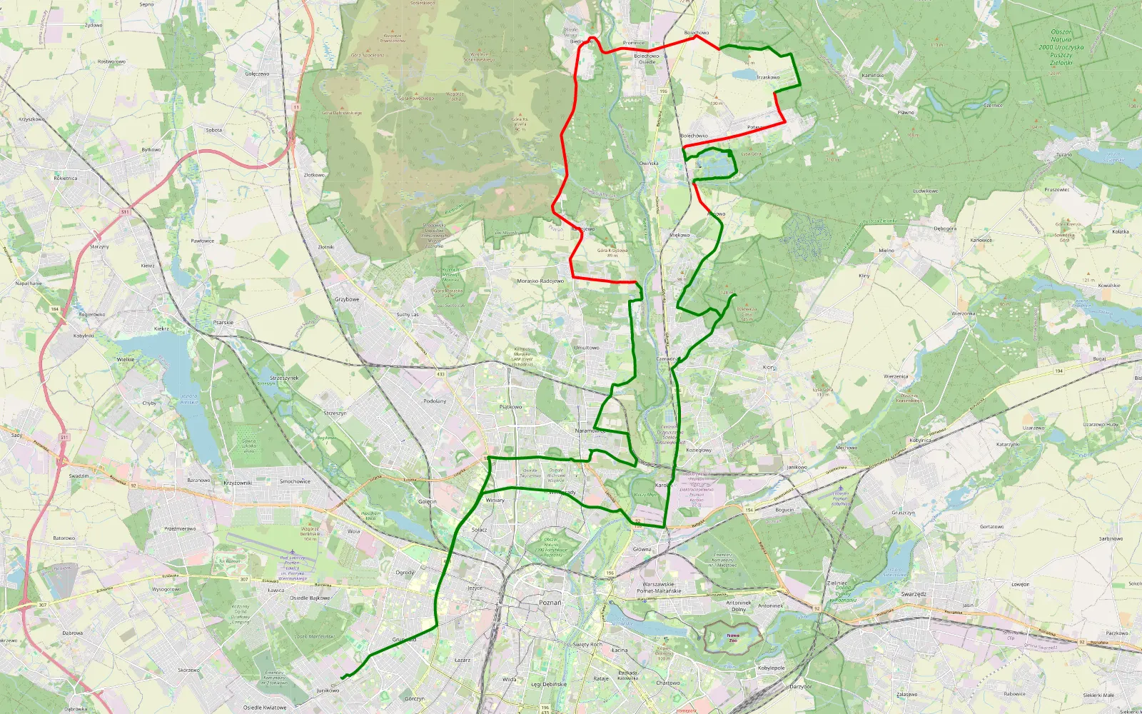 Mapa trasy Prawa-lewa Warta Północ - 31.8 km trasy offroad, Powiat Poznański