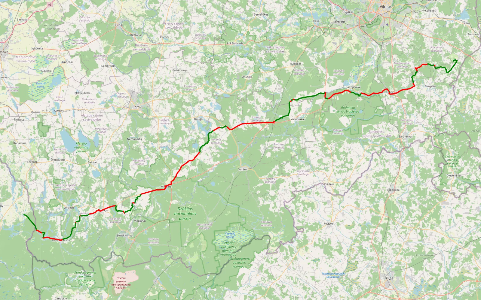 Mapa trasy Litwa Granica - Wysoka Góra - 196.1 km trasy offroad, Varėnos rajono savivaldybė