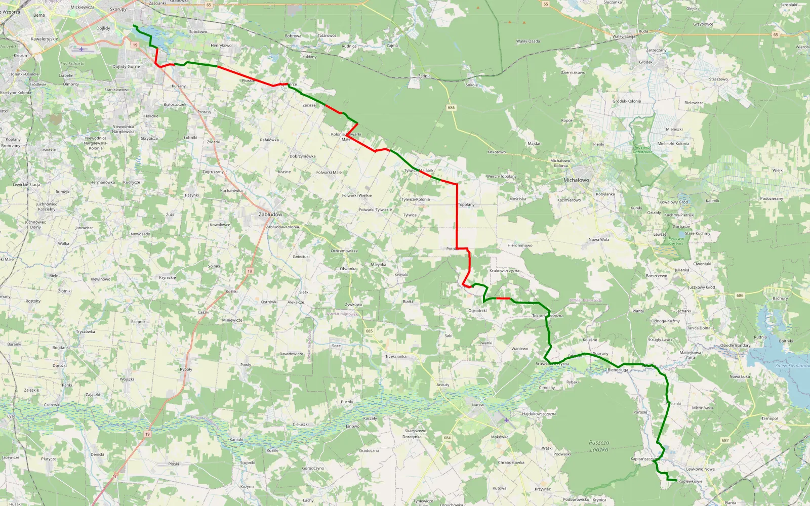 Map of Driving route - Bielowieza - 42.5 km offroad trail, Białystok County