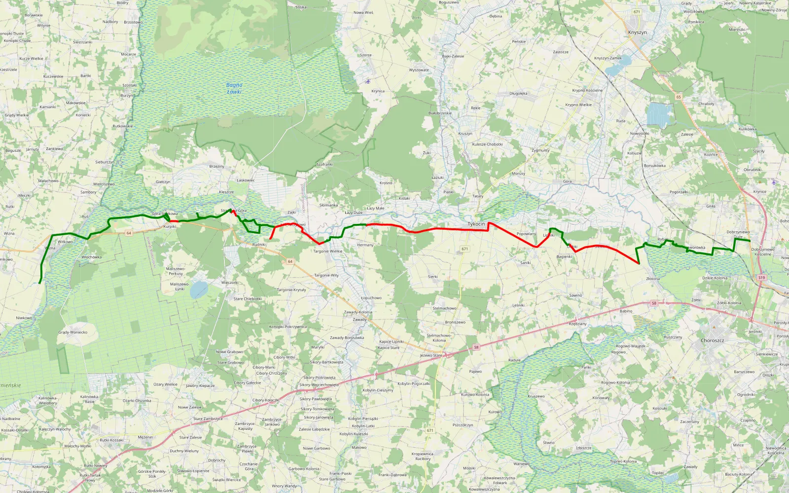 Mapa trasy Dobrzyniewo Duże - Wizna - 56.3 km trasy offroad, Powiat Białostocki