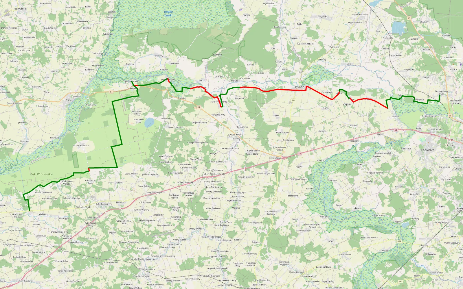 Mapa trasy Dobrzyniewo Duże - Pruszki Wielkie - 74.2 km trasy offroad, Powiat Białostocki