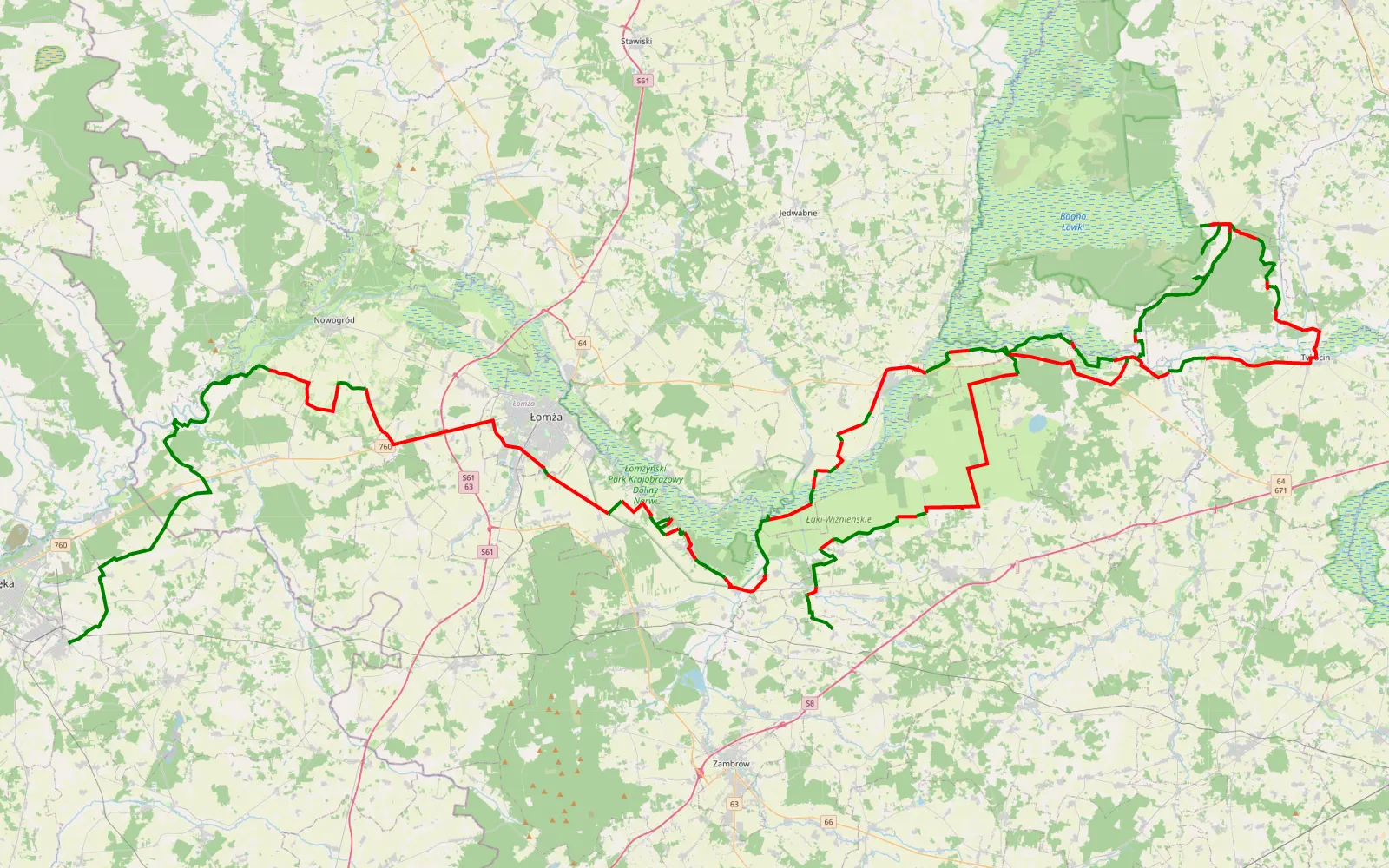 Mapa trasy 2 dniowa - Biebrzański Parki - nocleg w lesie - Łomżynśki Park - 193.9 km trasy offroad, Powiat Łomżyński