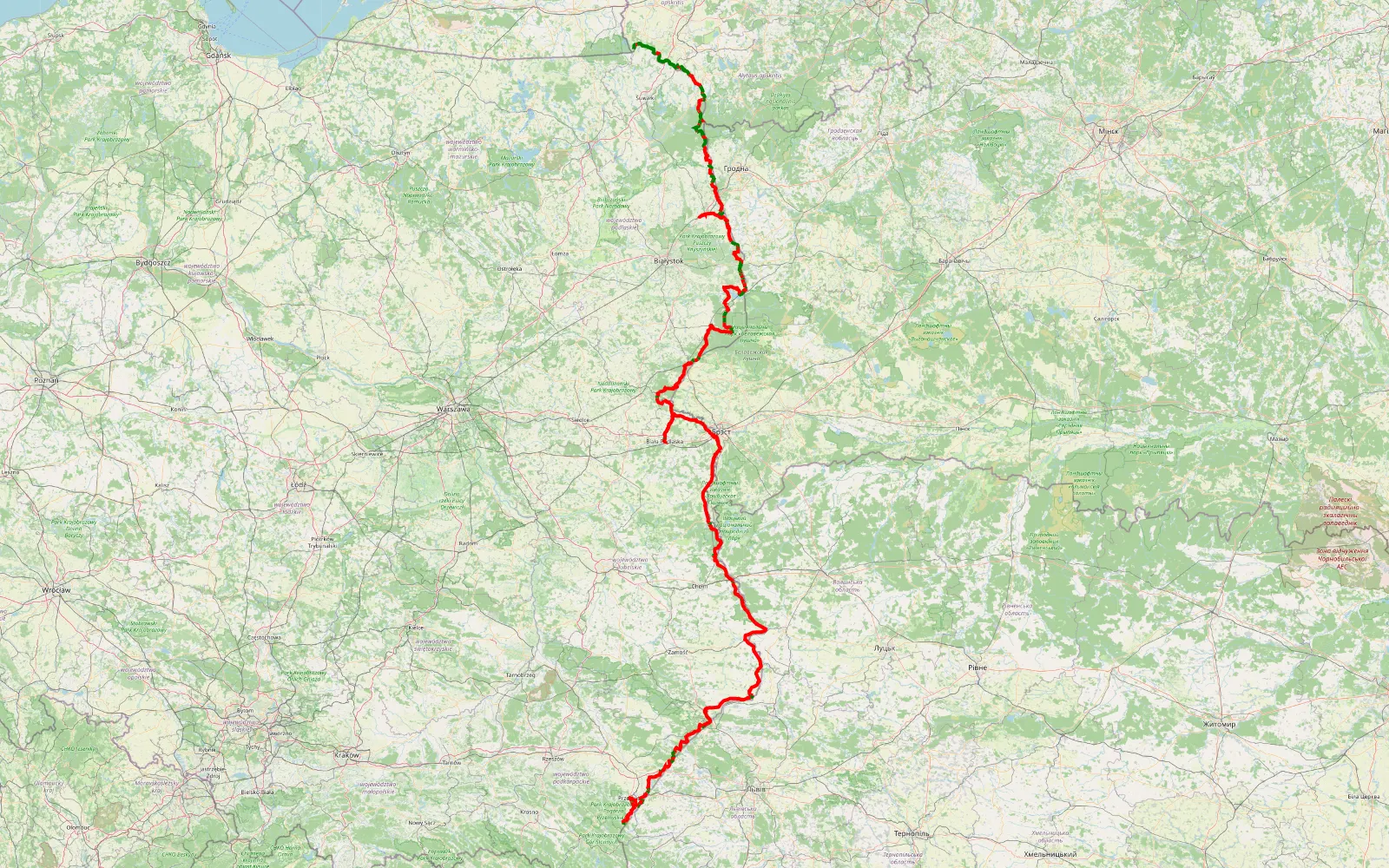 Map of Ściana Wschodnia - wzdłuż granicy, od Litwy aż do Rumunii. — 1010.7 km offroad trail, Hajnówka County