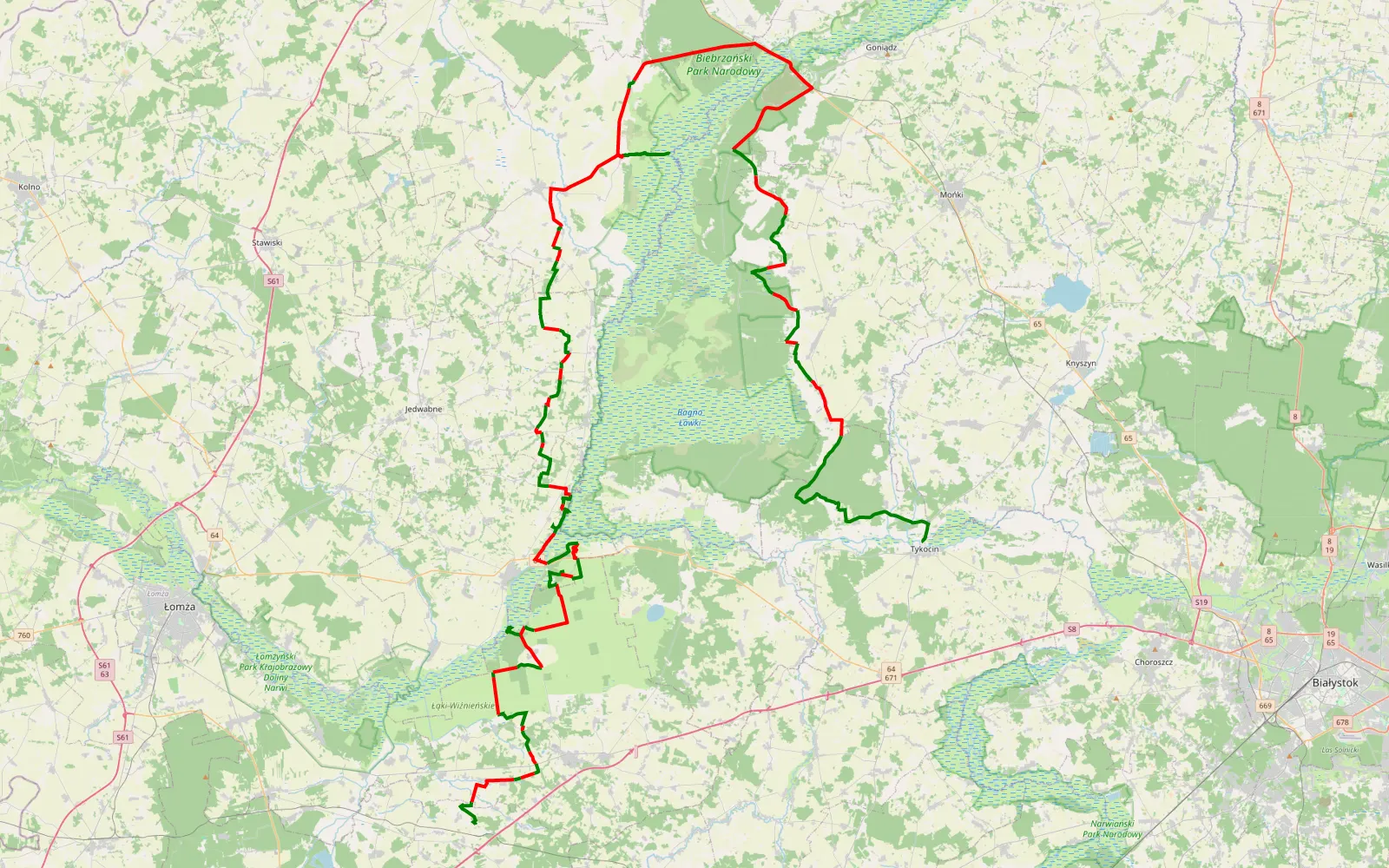 Map of Pętla wokół biebrzanskiego. Leśnica - Tykocin - 145.7 km offroad trail, Łomża County