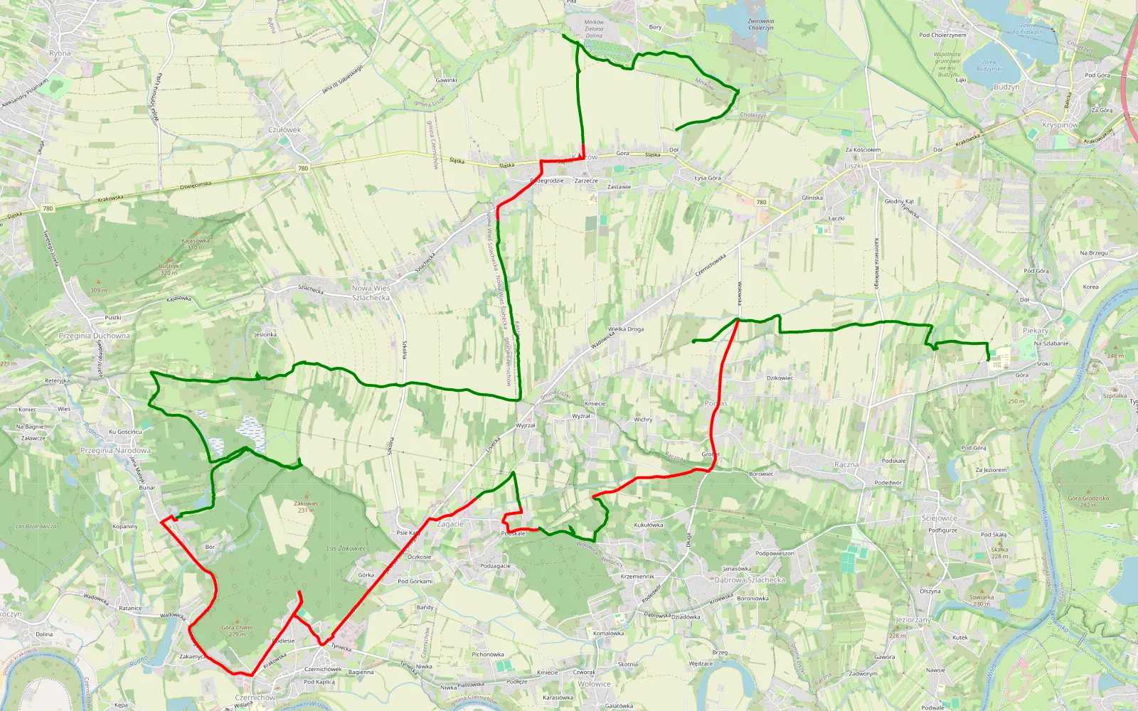 Mapa trasy Okolice Liszek - 34.8 km trasy offroad, Powiat Krakowski