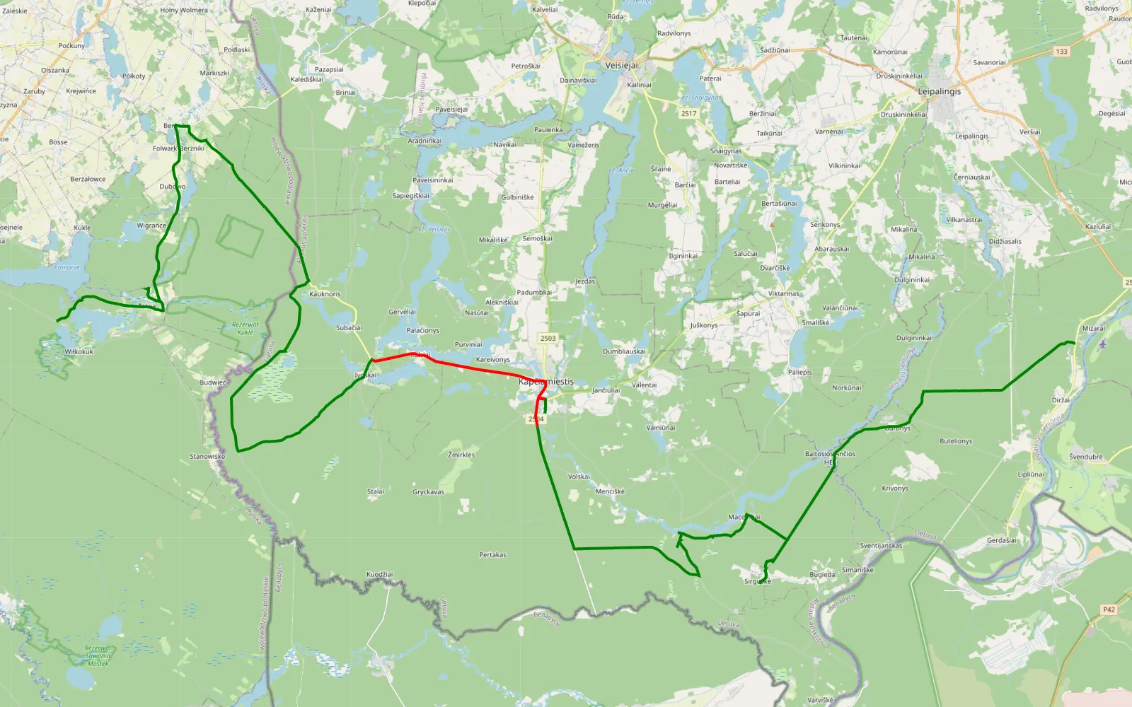 Mapa trasy Wiłkokuk - Mizarai - 62.3 km trasy offroad, Lazdijų rajono savivaldybė