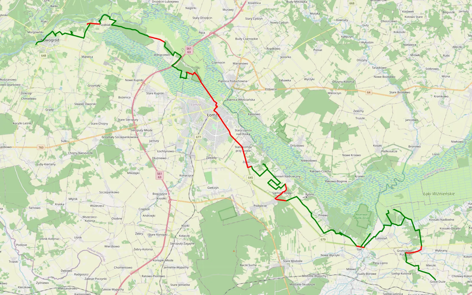 Map of Zambrów - Nowogrod. Wzdłuż Narwii - 68.6 km offroad trail, Łomża County
