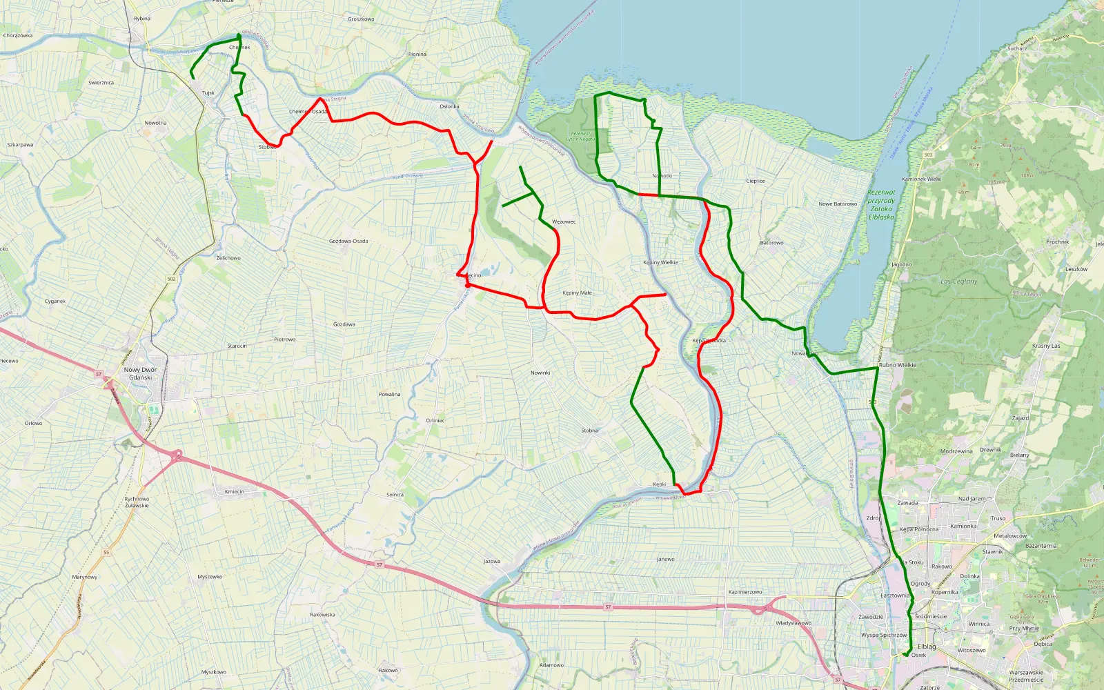Mapa trasy Tujsk - Osłonka - 51.4 km trasy offroad, Powiat Nowodworski